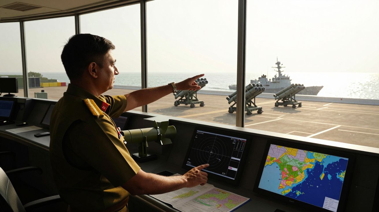 Oficial militar aponta para navio de guerra a partir de centro de comando com ecrãs de radar e mapas.