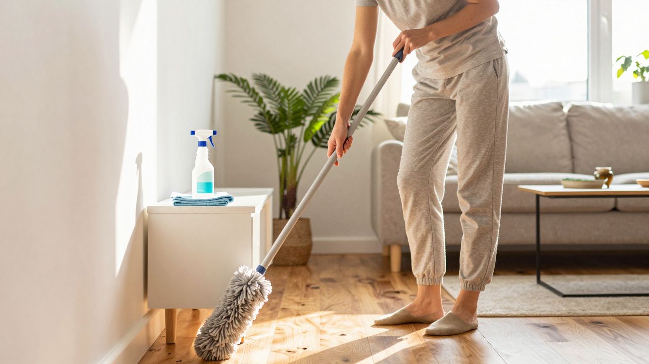 Pessoa a limpar o chão de madeira de uma sala com espanador, ao lado de uma mesa com pulverizador e pano azul.