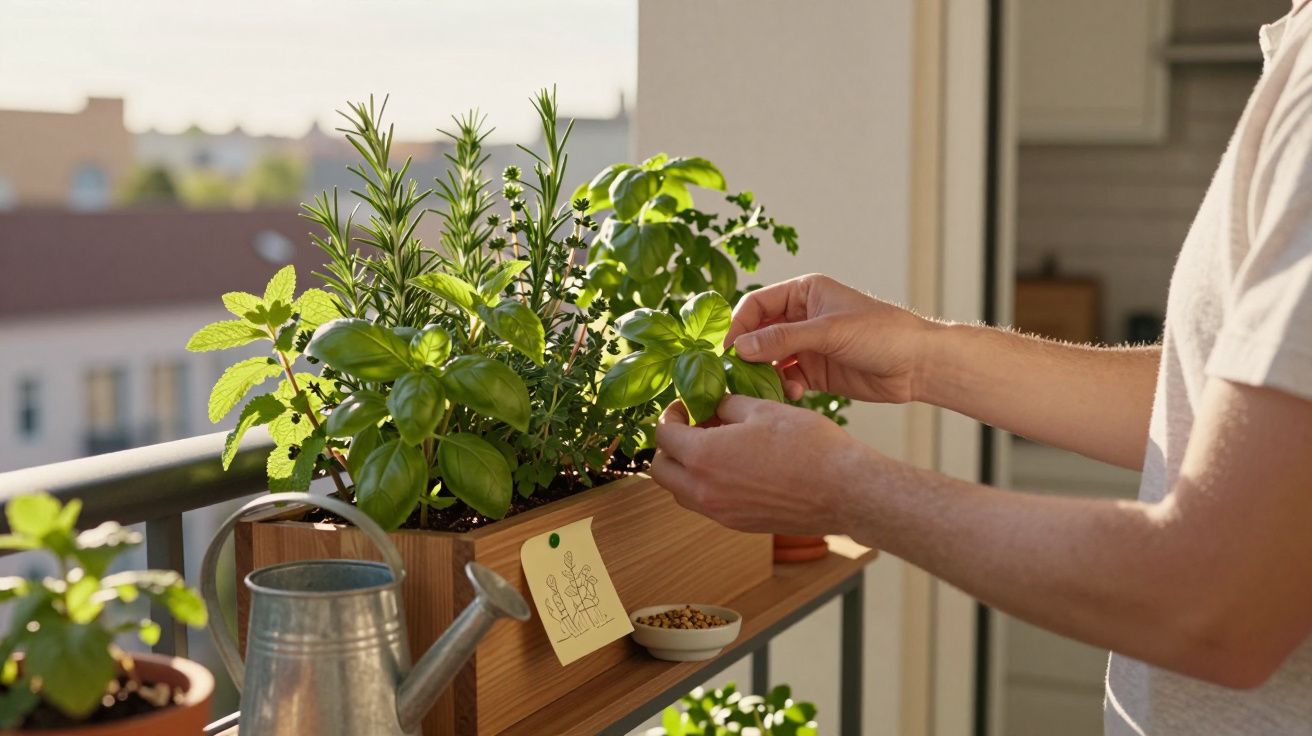 Pessoa a cuidar de ervas aromáticas num jardim urbano numa varanda com luz natural suave.