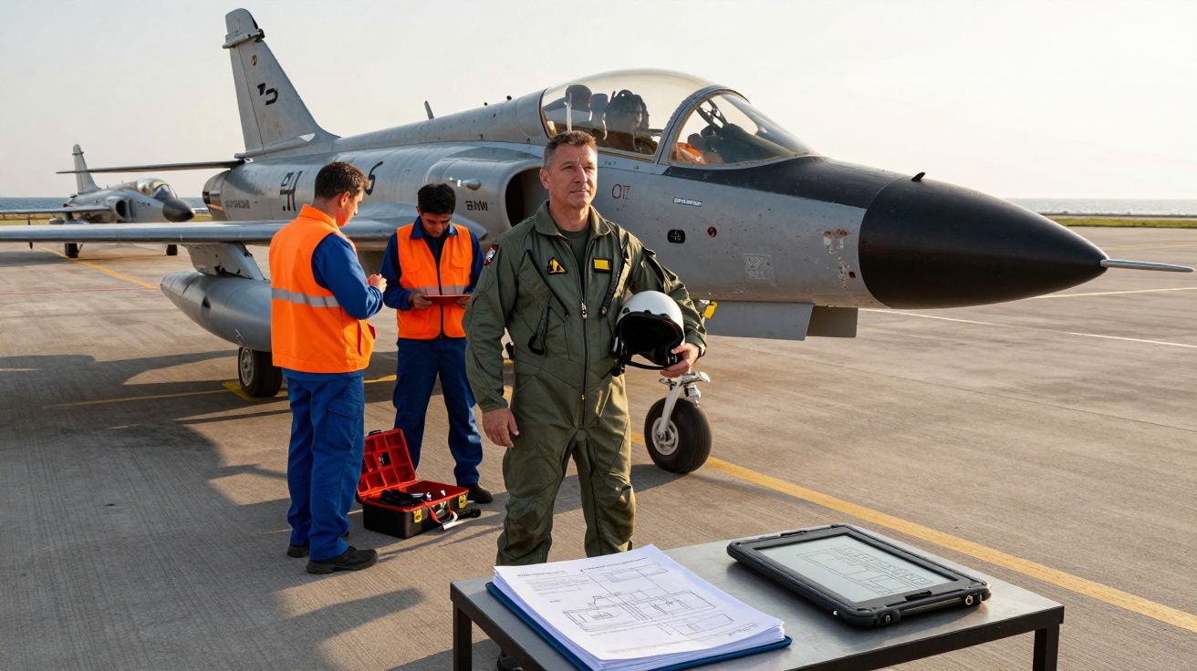 Piloto em fato de voo verde segura capacete junto a avião militar cinzento na pista, com duas pessoas de colete laranja atrás