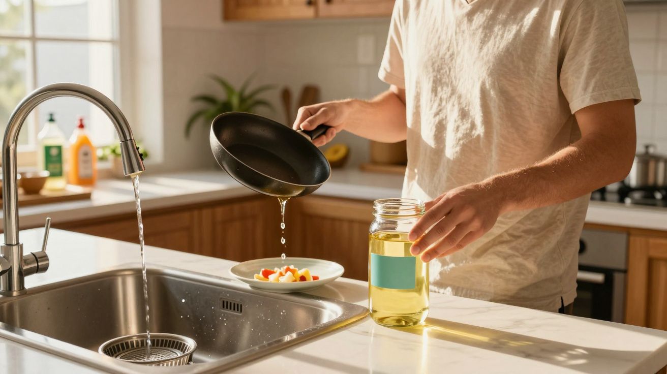 Pessoa a escorrer óleo de frigideira para um frasco na cozinha, com pia e prato ao fundo.