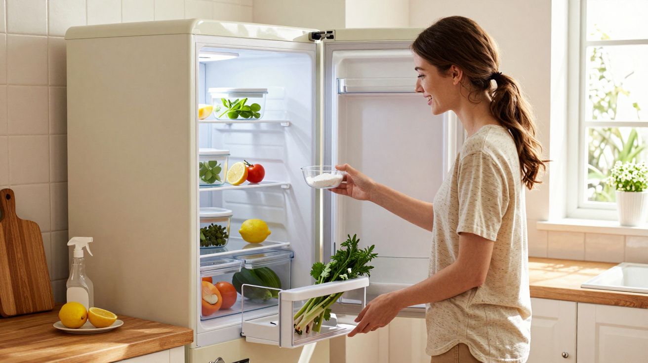 Mulher a organizar vegetais e potes no frigorífico aberto numa cozinha luminosa e moderna.