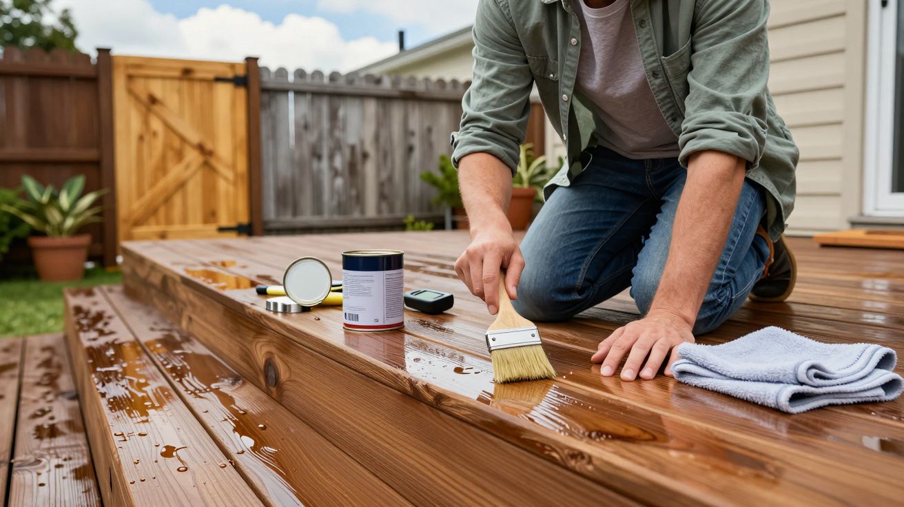 Pessoa a aplicar verniz numa varanda de madeira com pincel, junto a uma esponja e lata de verniz.