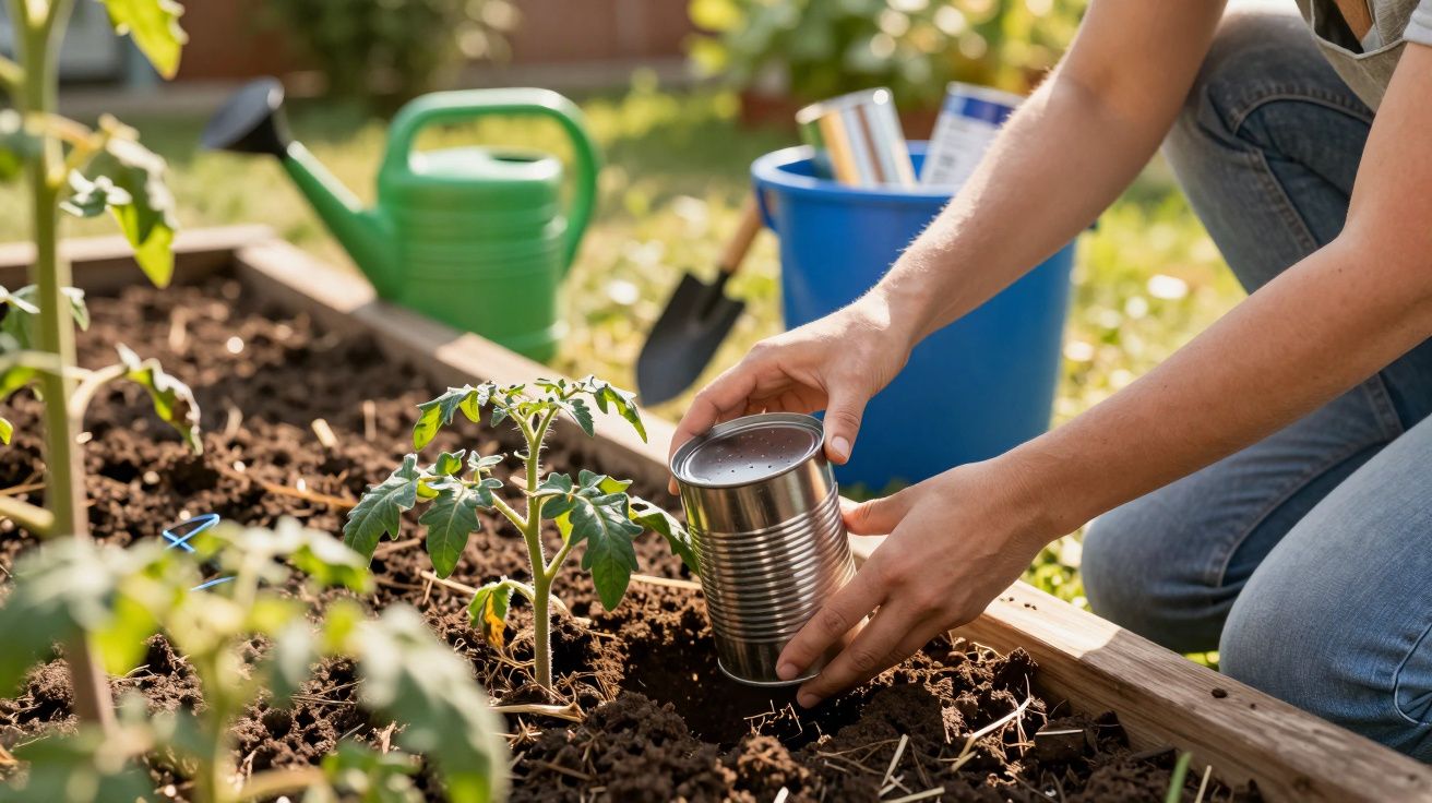 Pessoa a usar uma lata para regar uma planta jovem num canteiro de jardim com terra fofa.