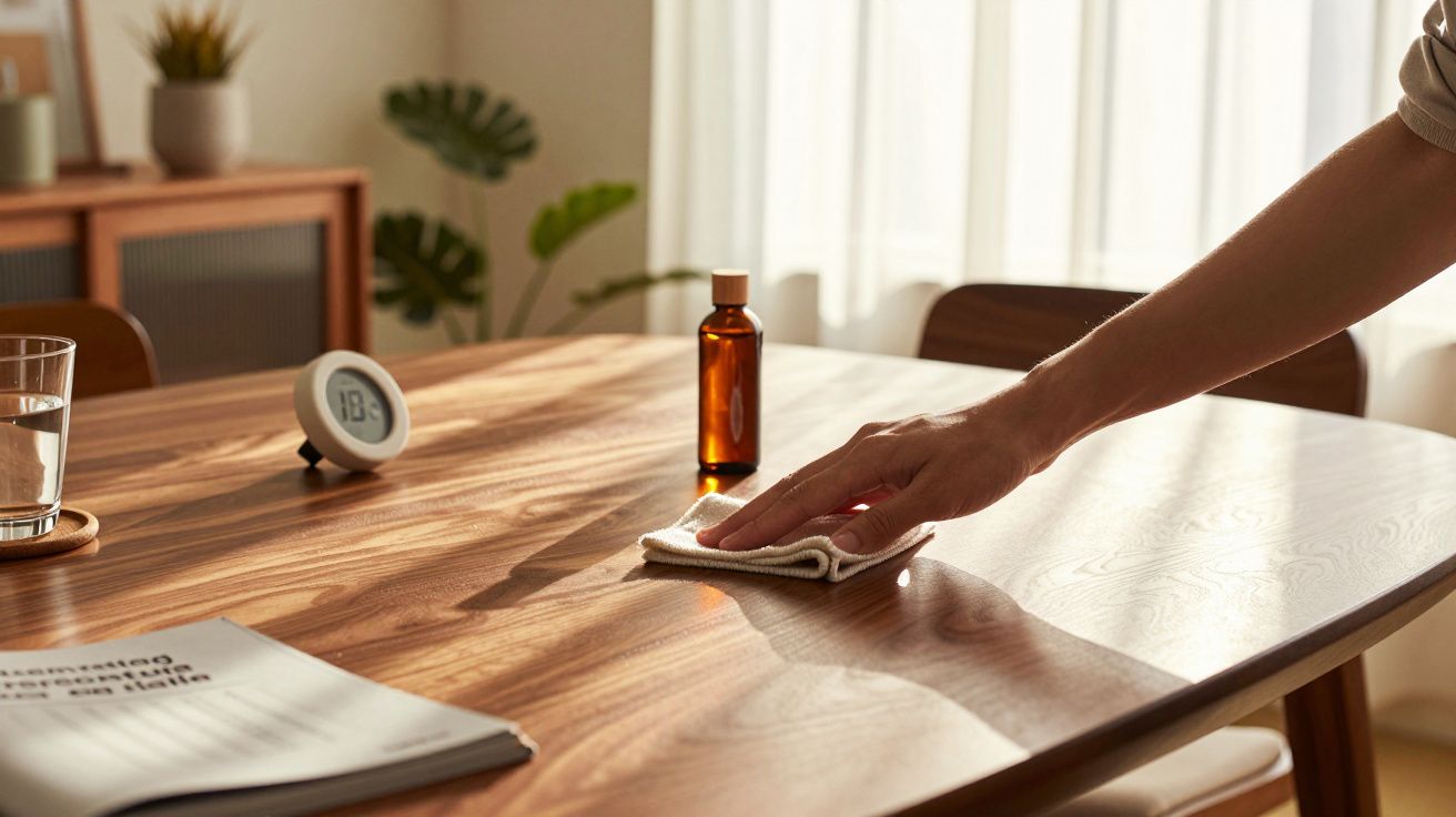 Pessoa a limpar uma mesa de madeira com um pano num ambiente iluminado e ventilado.