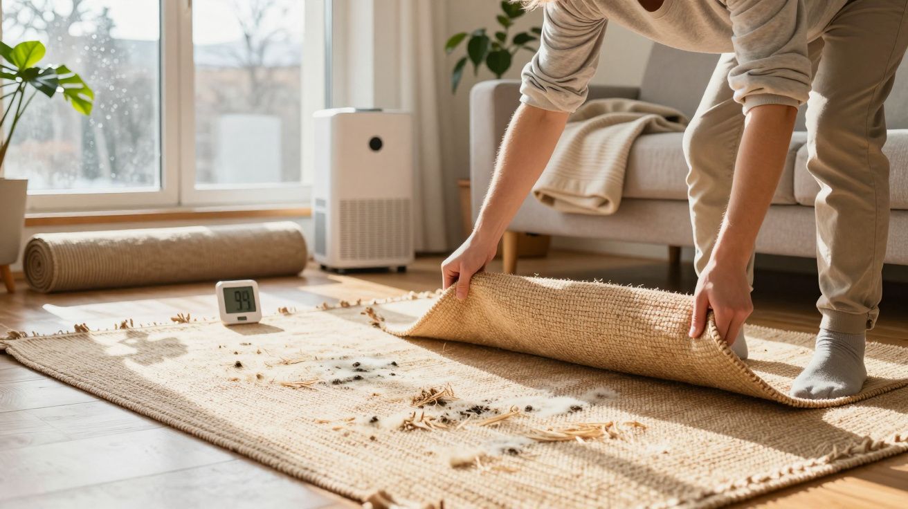 Pessoa a levantar tapete em sala para limpar sujidade e poeira acumulada no chão de madeira.