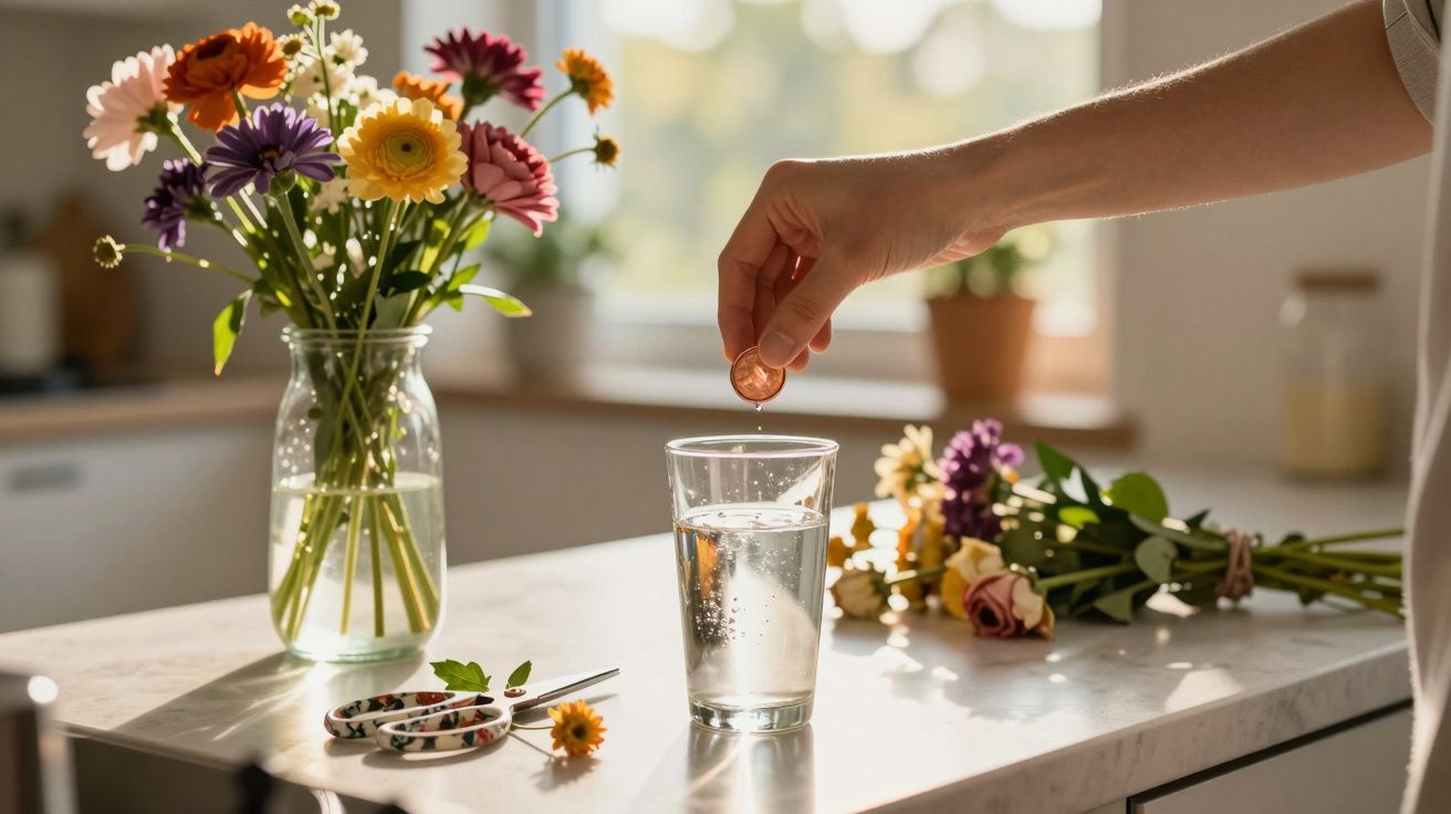 Mão a colocar uma moeda num copo de água sobre uma bancada, com flores naturais e tesouras ao lado.