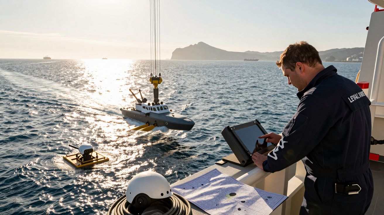 Homem a operar equipamento digital num barco enquanto um pequeno barco robótico é içado no mar ao pôr do sol.