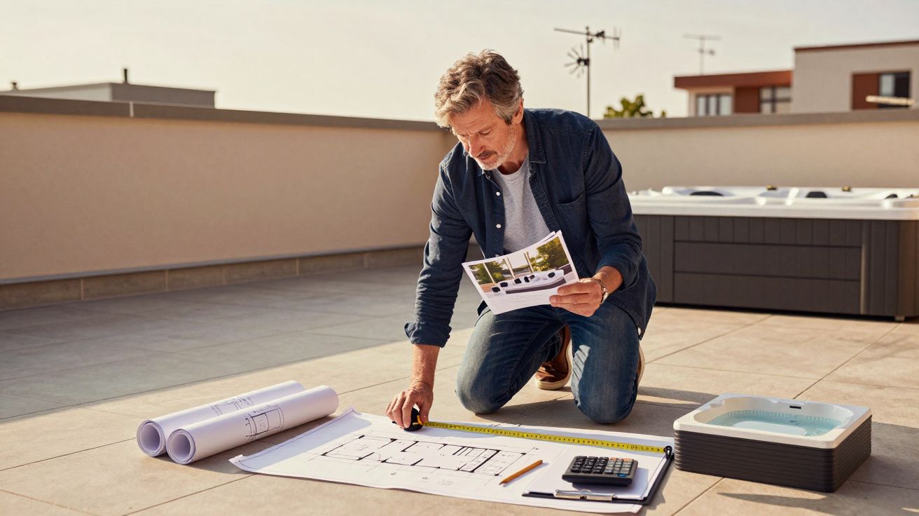 Homem a medir plantas de uma casa numa varanda, com desenhos, calculadora e foto de piscina.