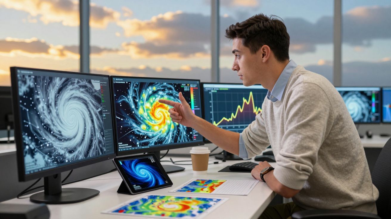 Jovem analisando imagens e gráficos de tempestades num escritório com vários ecrãs e céu ao fundo.