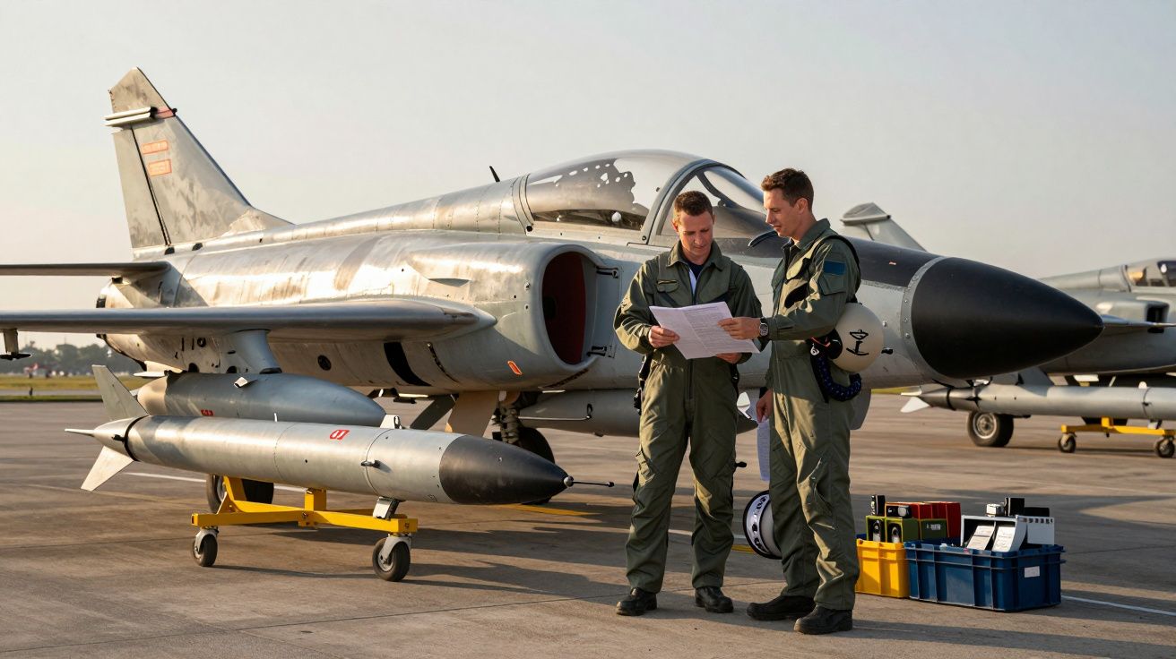 Dois pilotos em fato de voo analisam documentos junto a um caça estacionado numa pista de aeroporto militar.