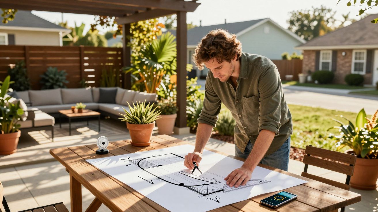 Homem a desenhar plantas arquitetónicas numa mesa de madeira num terraço ensolarado.