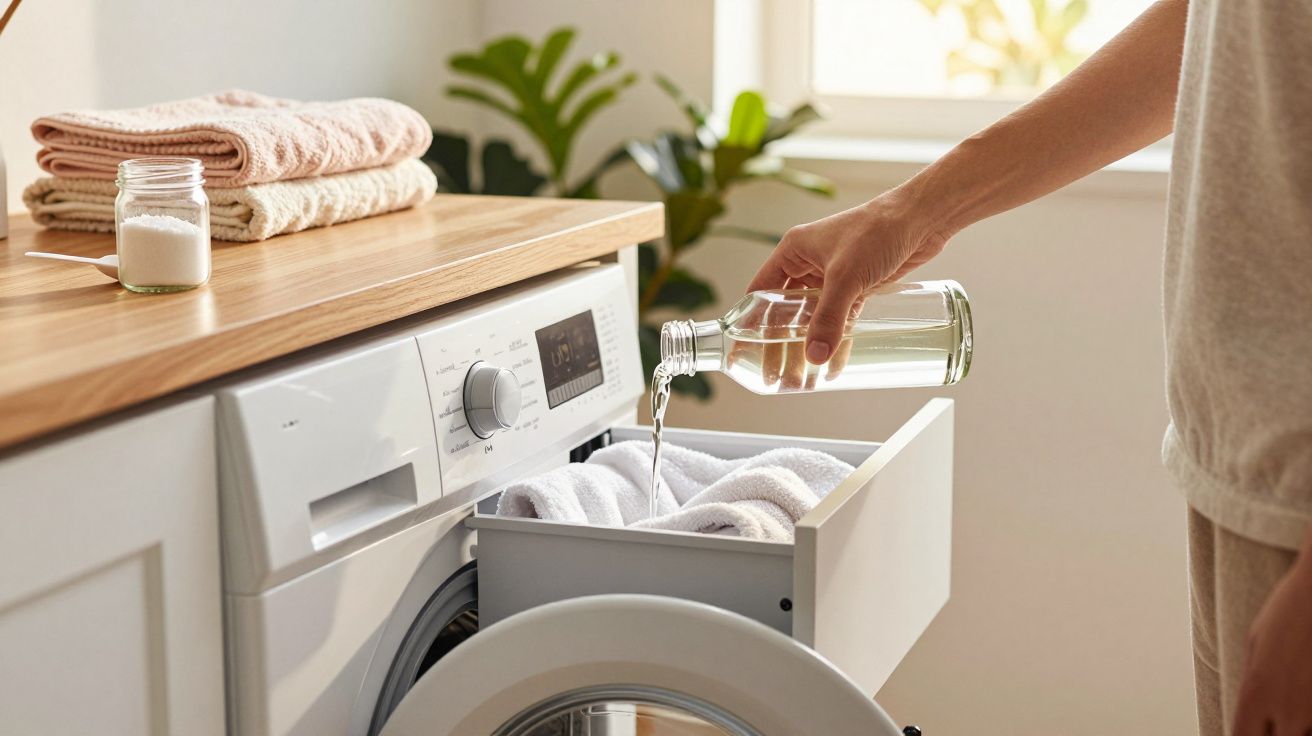 Pessoa a verter líquido para a máquina de lavar roupa branca, com toalhas dobradas em cima e plantas ao fundo.