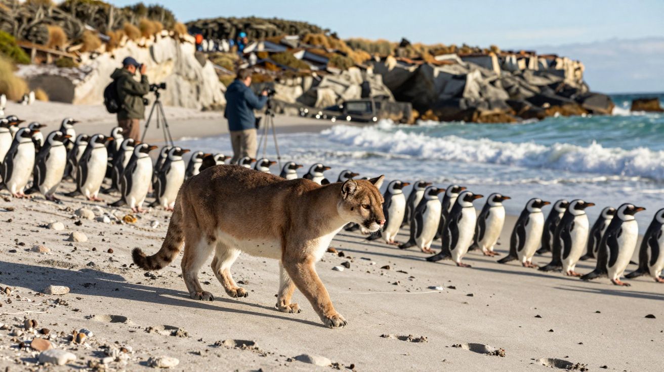 Puma caminha na praia junto a uma linha de pinguins, com fotógrafos ao fundo capturando a cena.