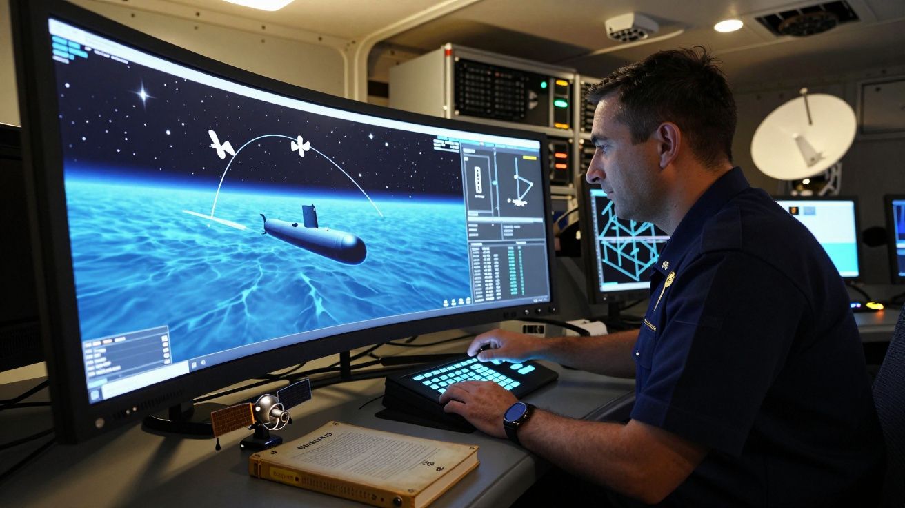 Homem a operar simulador de submarino em computador com ecrã curvo num centro de controlo tecnológico.