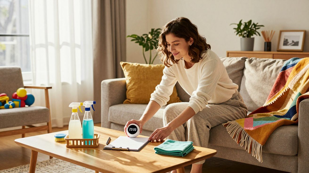 Mulher a definir temporizador para 20 minutos enquanto se prepara para limpar sala de estar iluminada e arrumada.