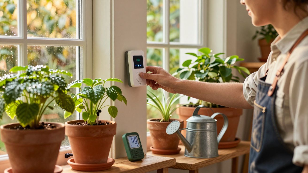 Pessoa a ajustar termóstato numa janela com várias plantas em vasos de barro e regador metálico.