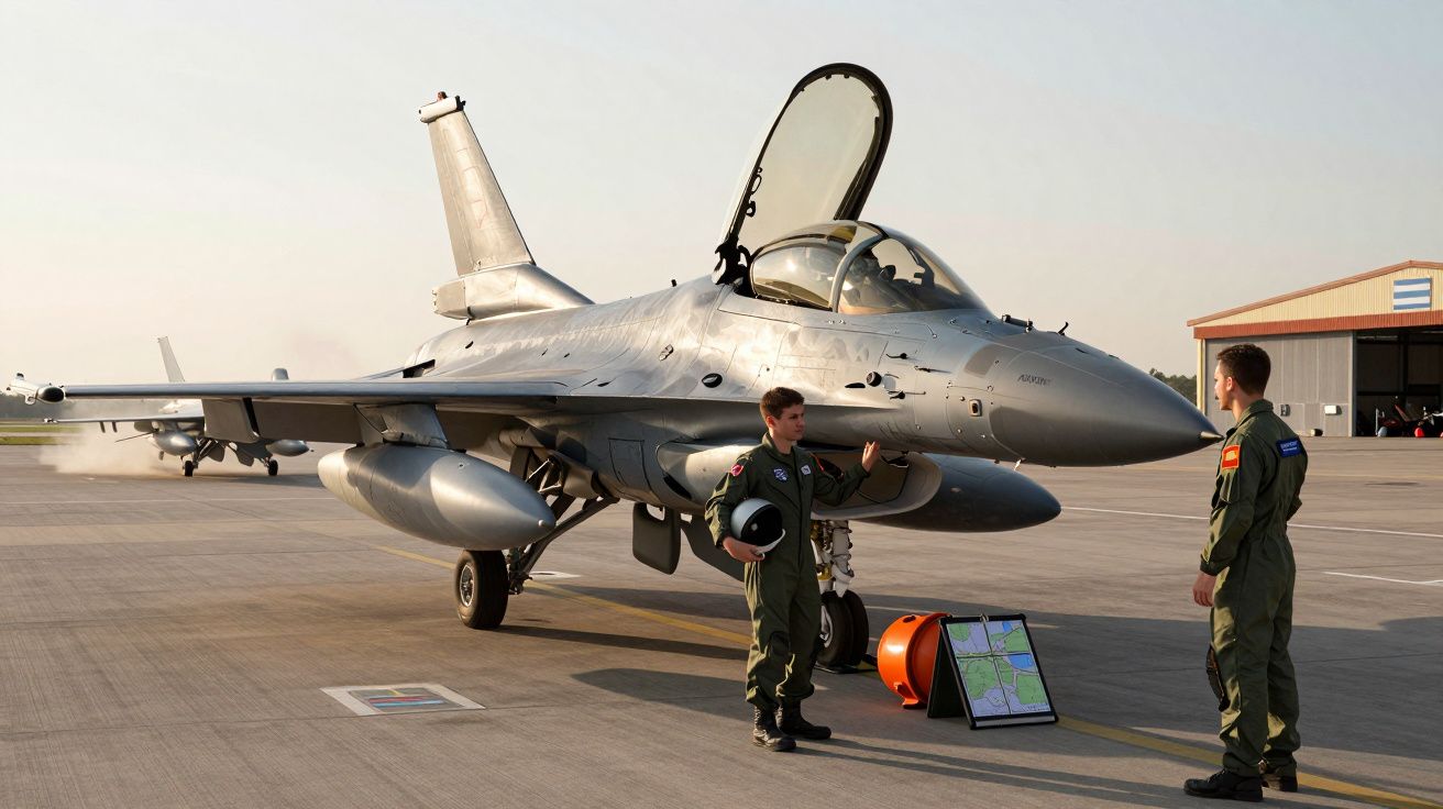 Dois pilotos em fato de voo junto a um caça militar estacionado numa pista de aeroporto.