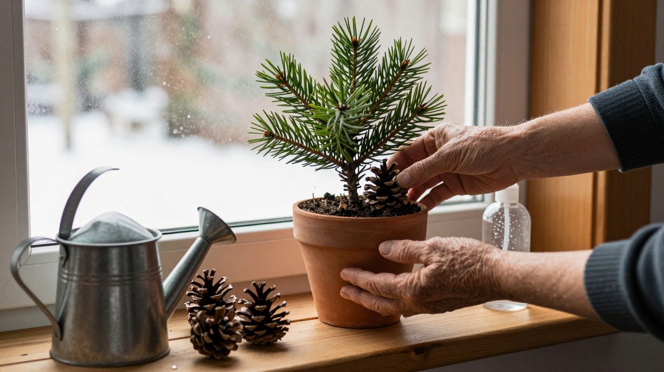 Mãos cuidadosas a decorar uma pequena árvore de Natal em vaso, junto a uma janela, com pinhas e regador.