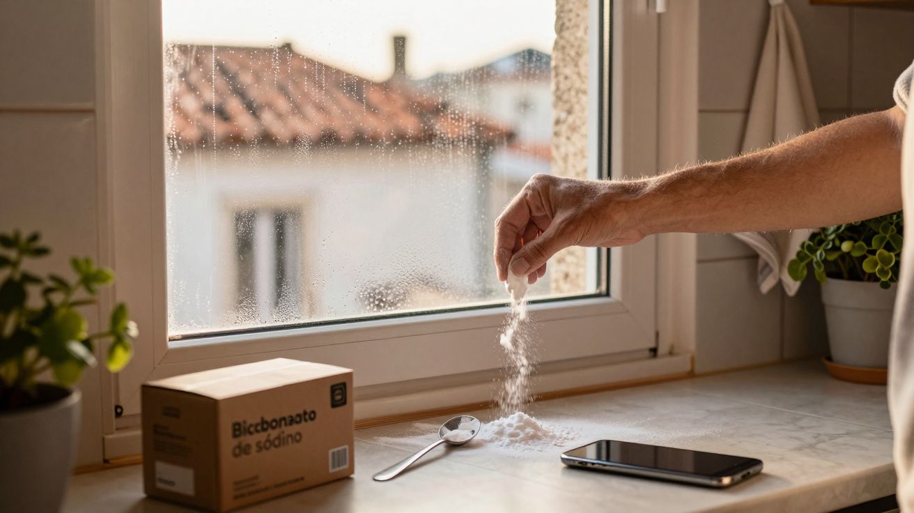 Mão a deitar bicarbonato de sódio sobre superfície junto a janela com gotas de água e caixa de bicarbonato.