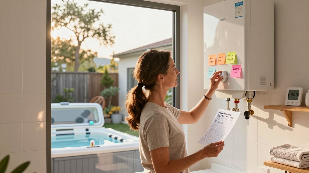 Mulher ajusta aquecedor de água com bilhetes coloridos e segura instruções num espaço com vista para piscina.