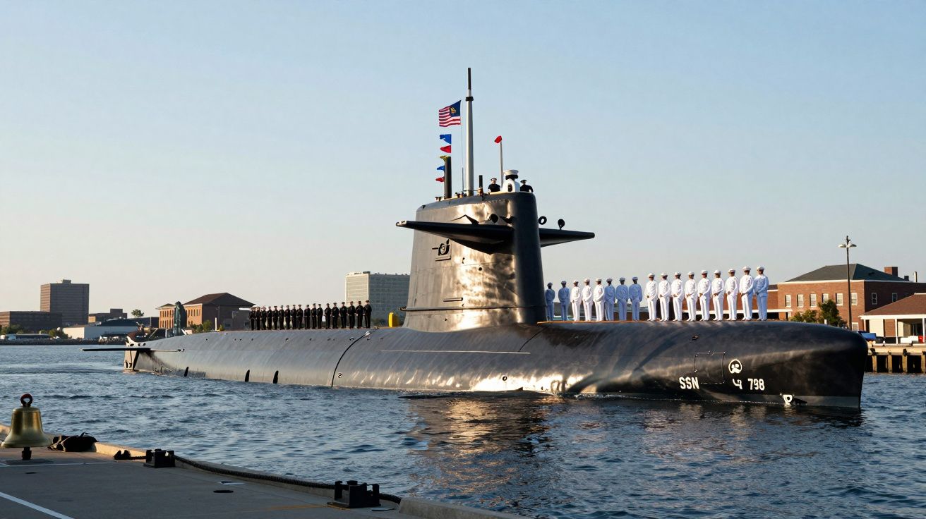 Submarino militar com tripulação em uniforme branco e negro, ancorado num porto com edifícios ao fundo.