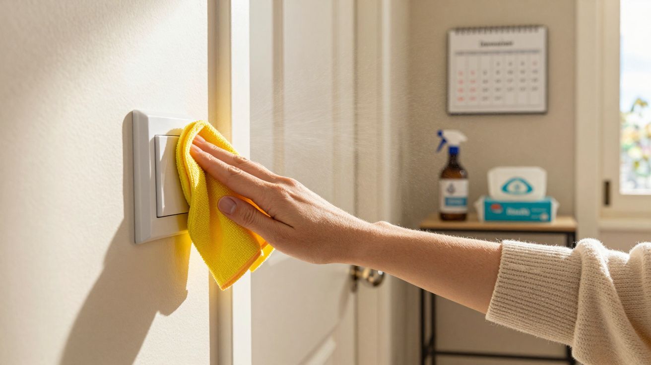 Pessoa a limpar interruptor de luz com pano amarelo numa divisão iluminada junto a janela.