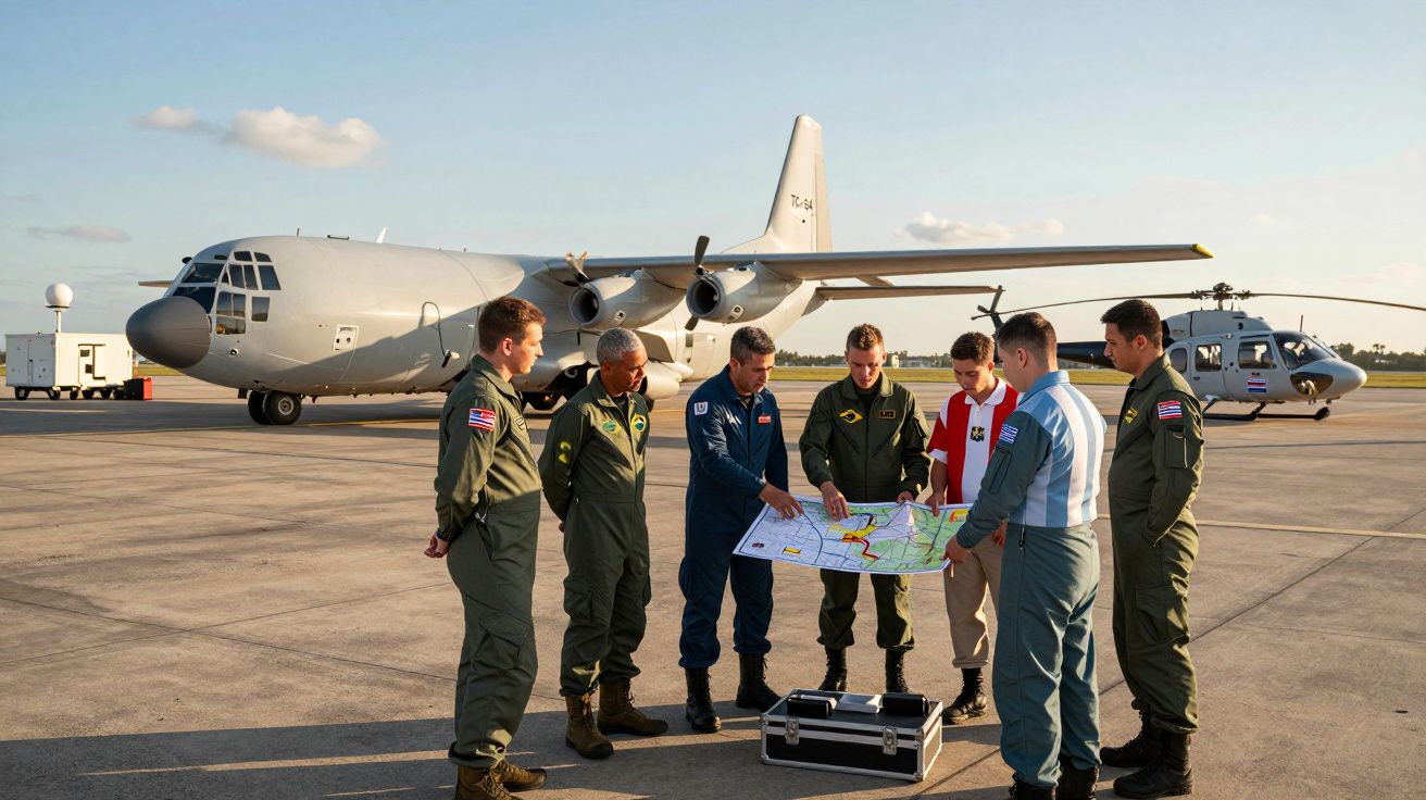 Grupo de sete militares em uniforme a analisar mapa junto a avião e helicóptero num aeroporto militar.