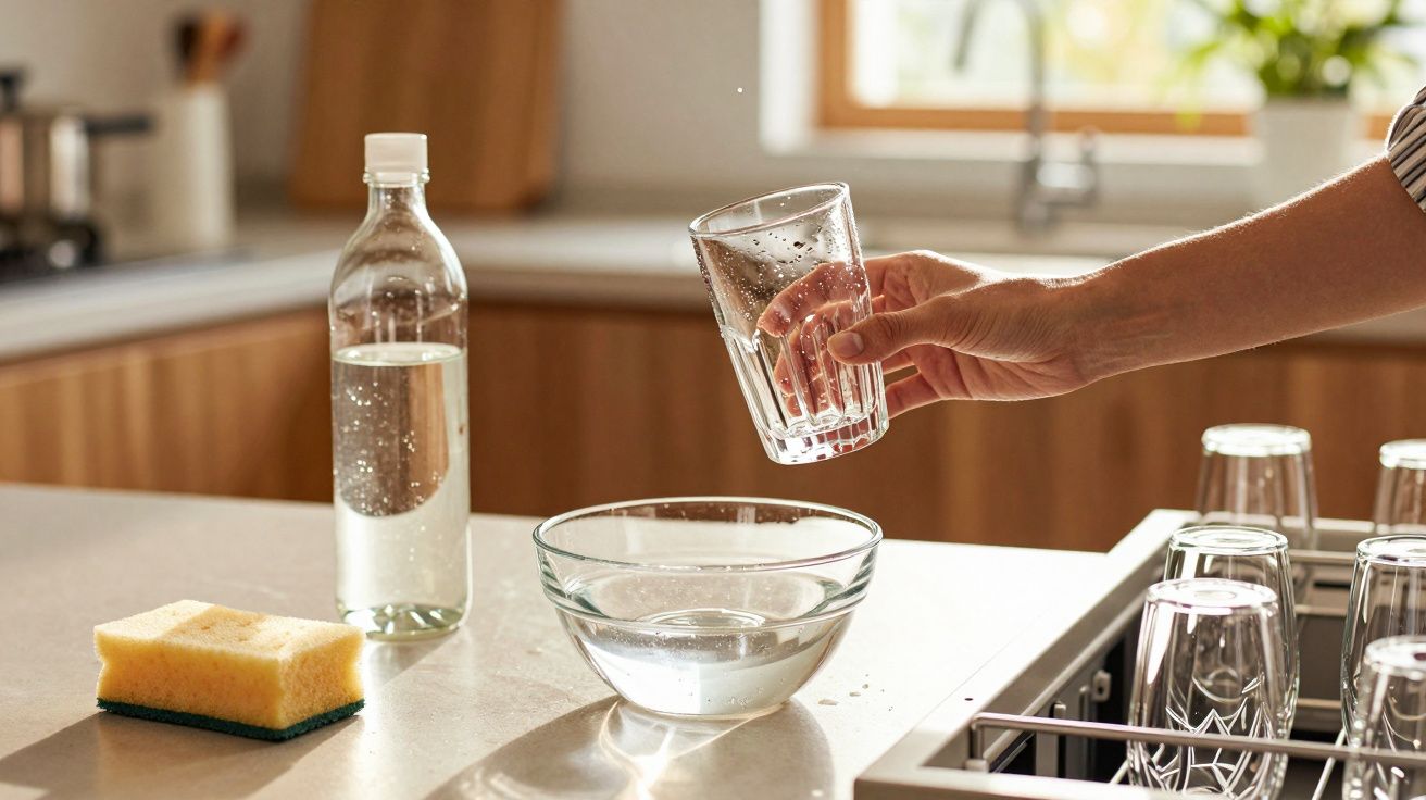 Mão a lavar um copo com água numa cozinha, com esponja, garrafa e outros copos na bancada.