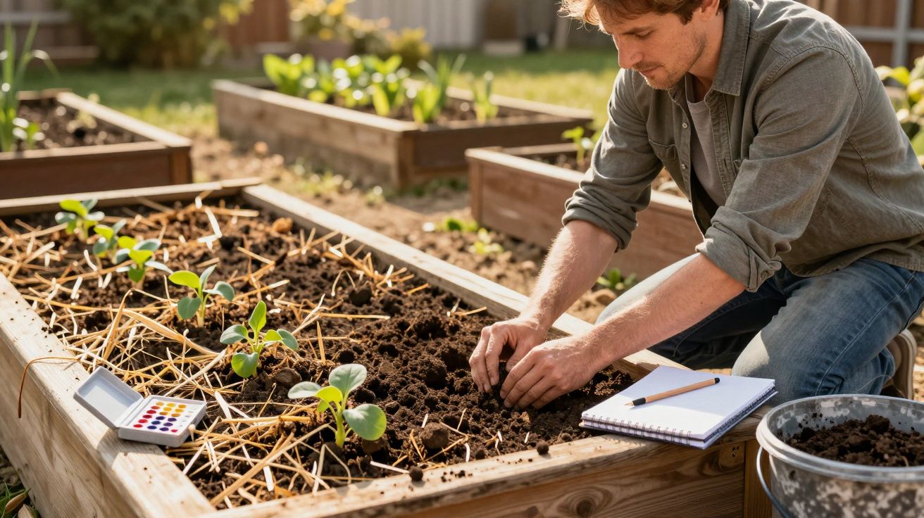 Homem a plantar mudas numa horta elevada, ao lado caderno, lápis e palete de tinta.