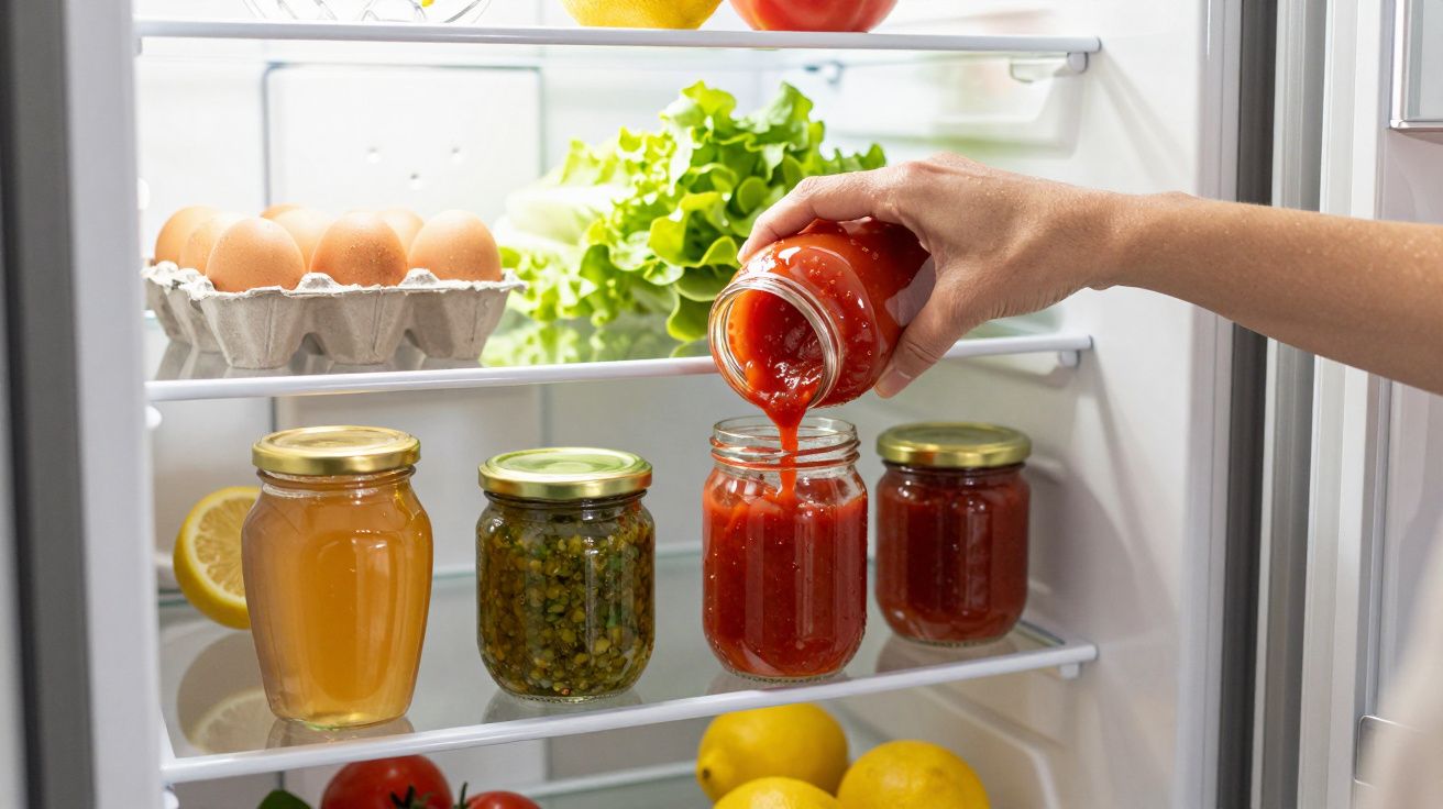Mão a verter molho de tomate de um frasco para outro dentro do frigorífico com ovos, alface e outros frascos.