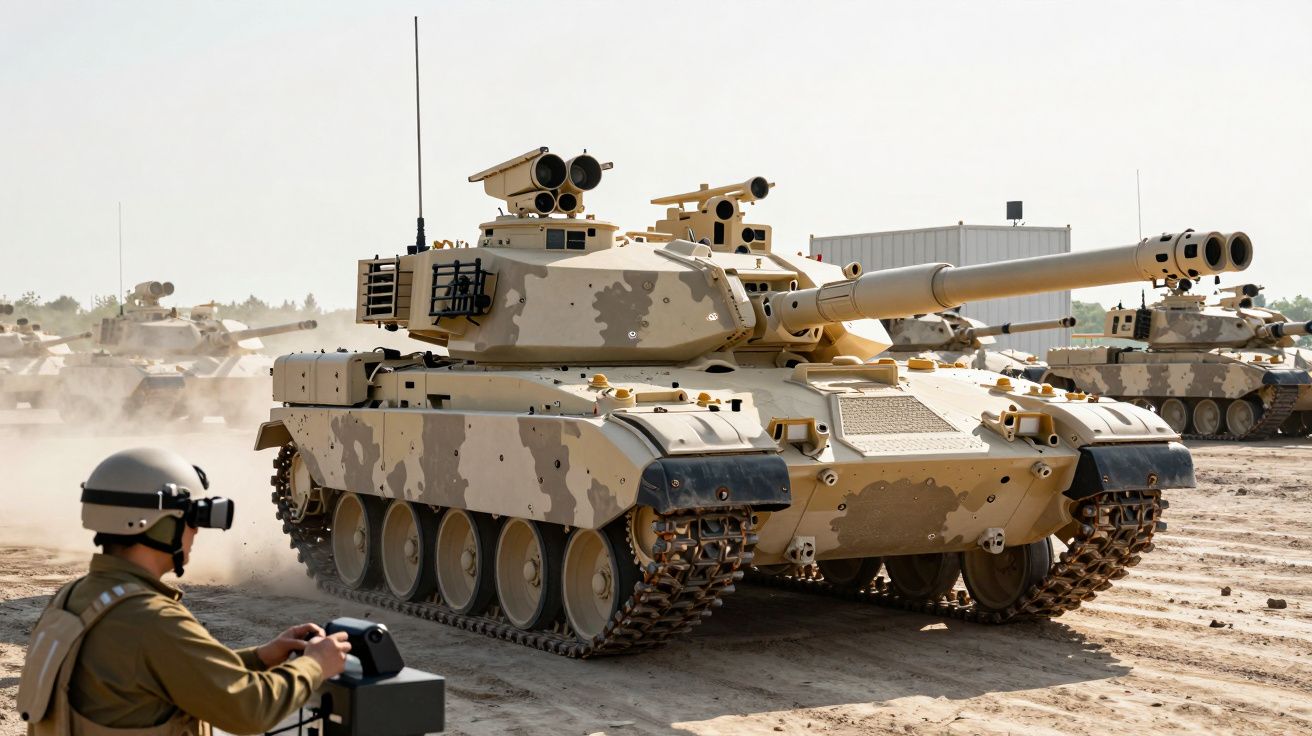 Tanque militar camuflado em deserto com soldado a operar controlo remoto próximo.