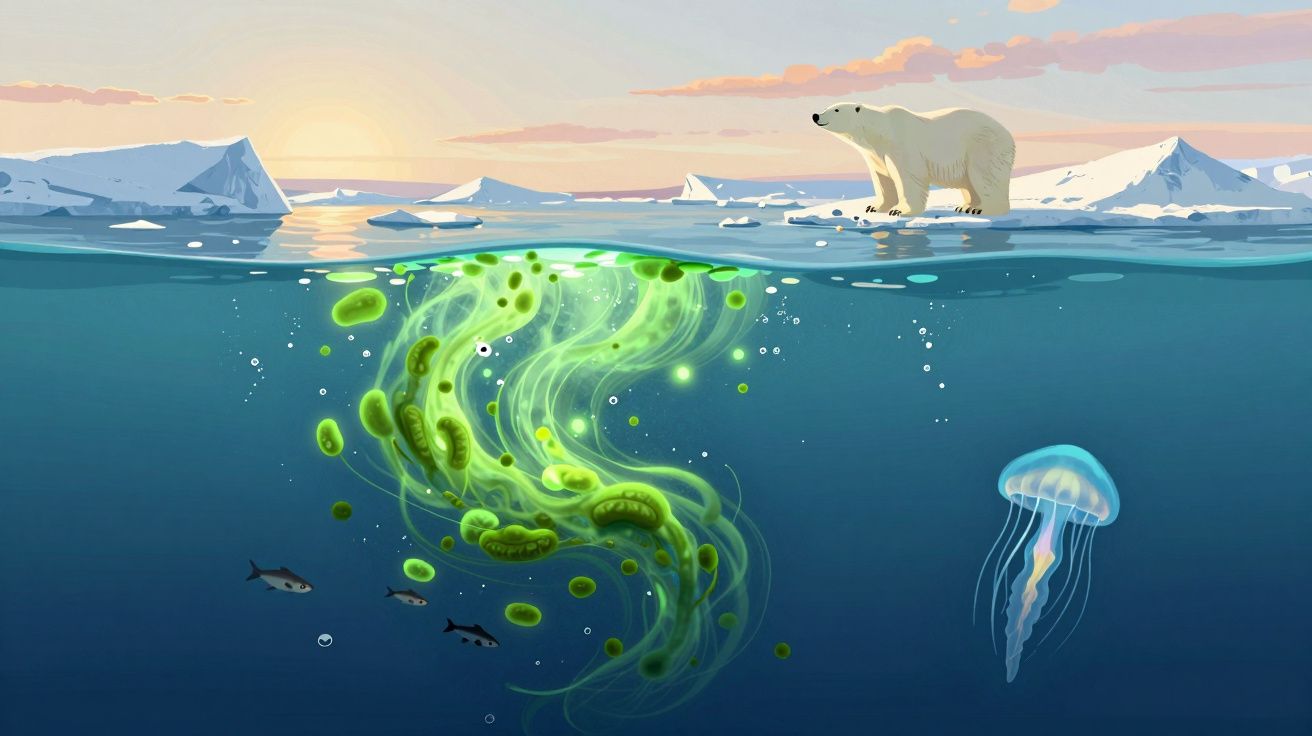 Urso polar sobre gelo flutuante e vida marinha com algas verdes, peixe e água-viva no oceano gelado.