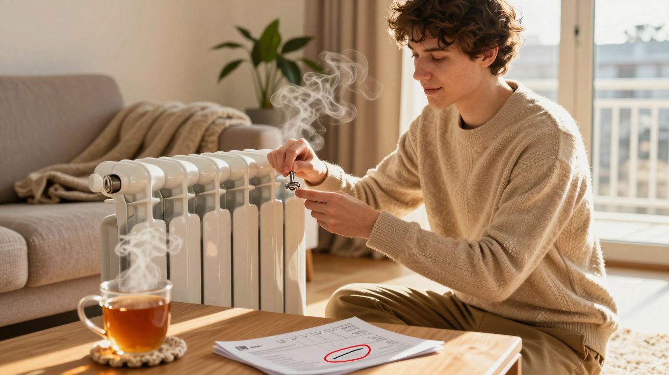 Homem sentado junto a aquecedor e mesa com chá e conta marcada em vermelho.