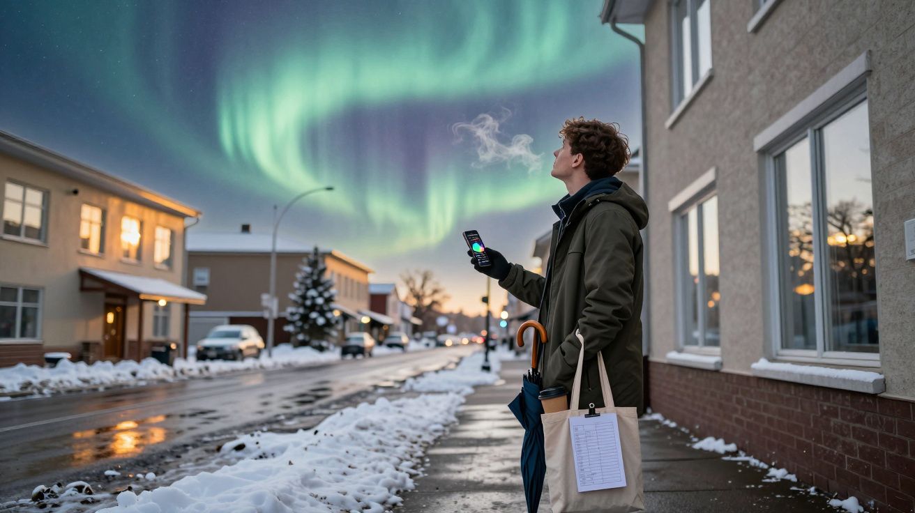 Homem de casaco verde observa aurora boreal numa rua coberta de neve com edifícios e guarda-chuva.