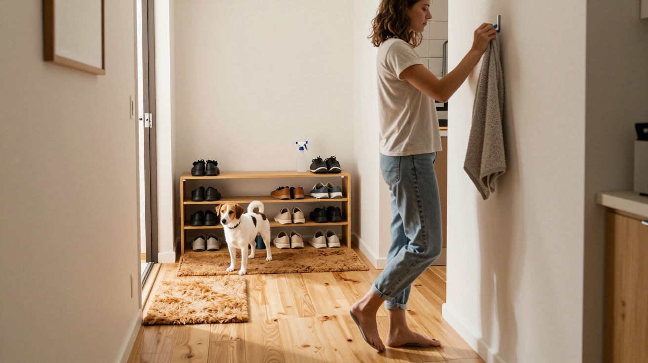 Mulher a pendurar toalha na parede enquanto cão está perto da sapateira num corredor com chão de madeira.