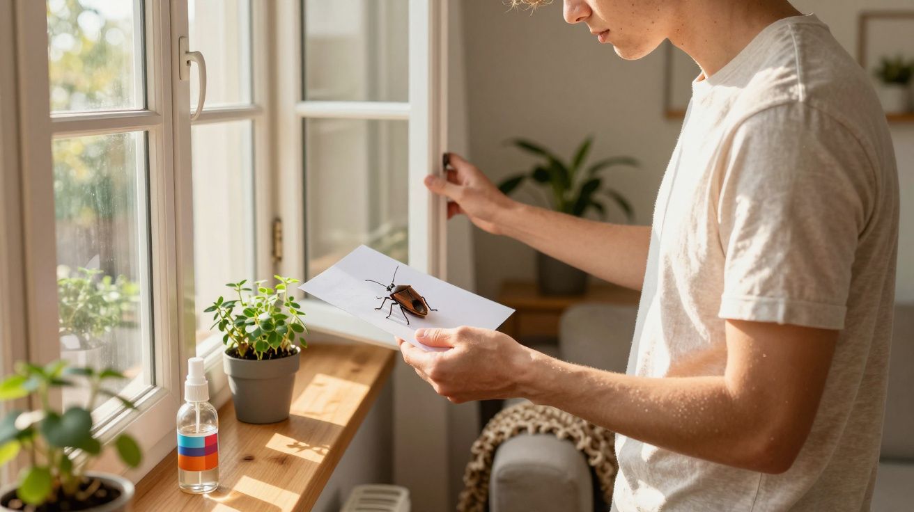 Jovem de camiseta clara a segurar uma folha com uma barata, numa sala iluminada com plantas junto à janela.