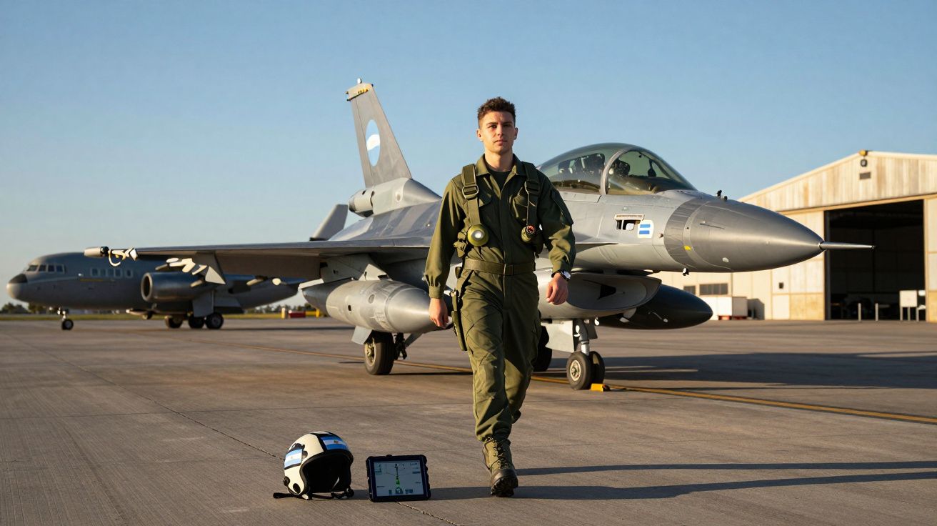 Militar em fato de voo amarelo caminhe no pátio de aeroporto perto de avião de combate e capacete no chão.