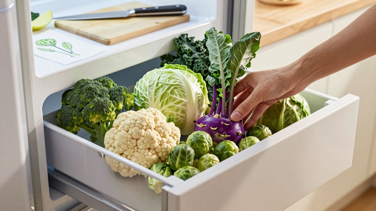 Mão a pegar nabo roxo numa gaveta do frigorífico cheia de couve-brócolos, couve-flor e couves de Bruxelas.