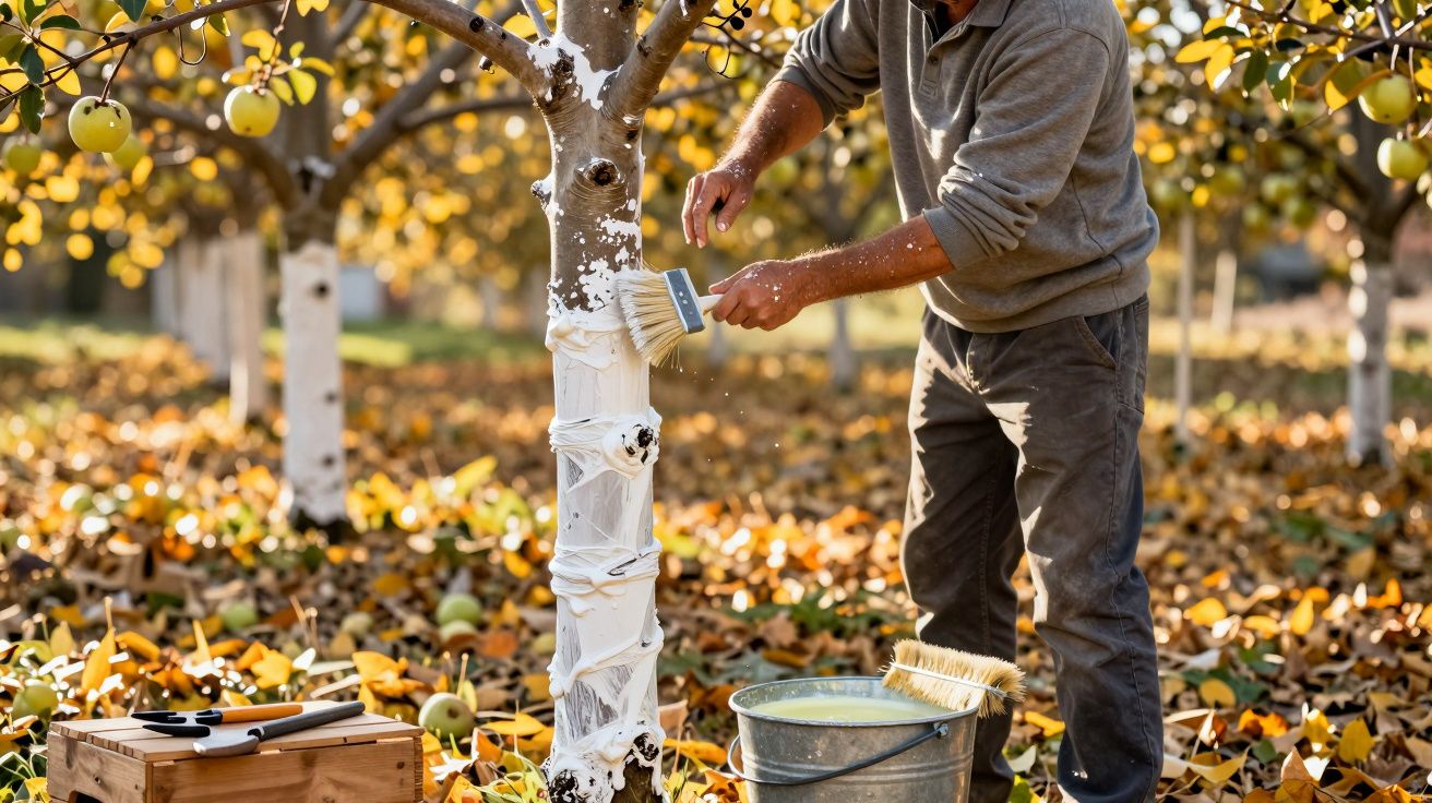 Homem a pintar o tronco de uma macieira com tinta branca no pomar durante o outono.