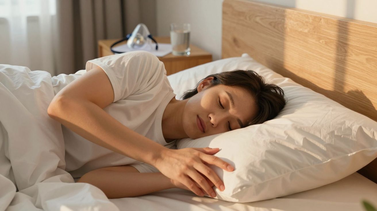 Mulher a dormir de lado numa cama com almofada branca e lençóis claros, luz natural entra pela janela.