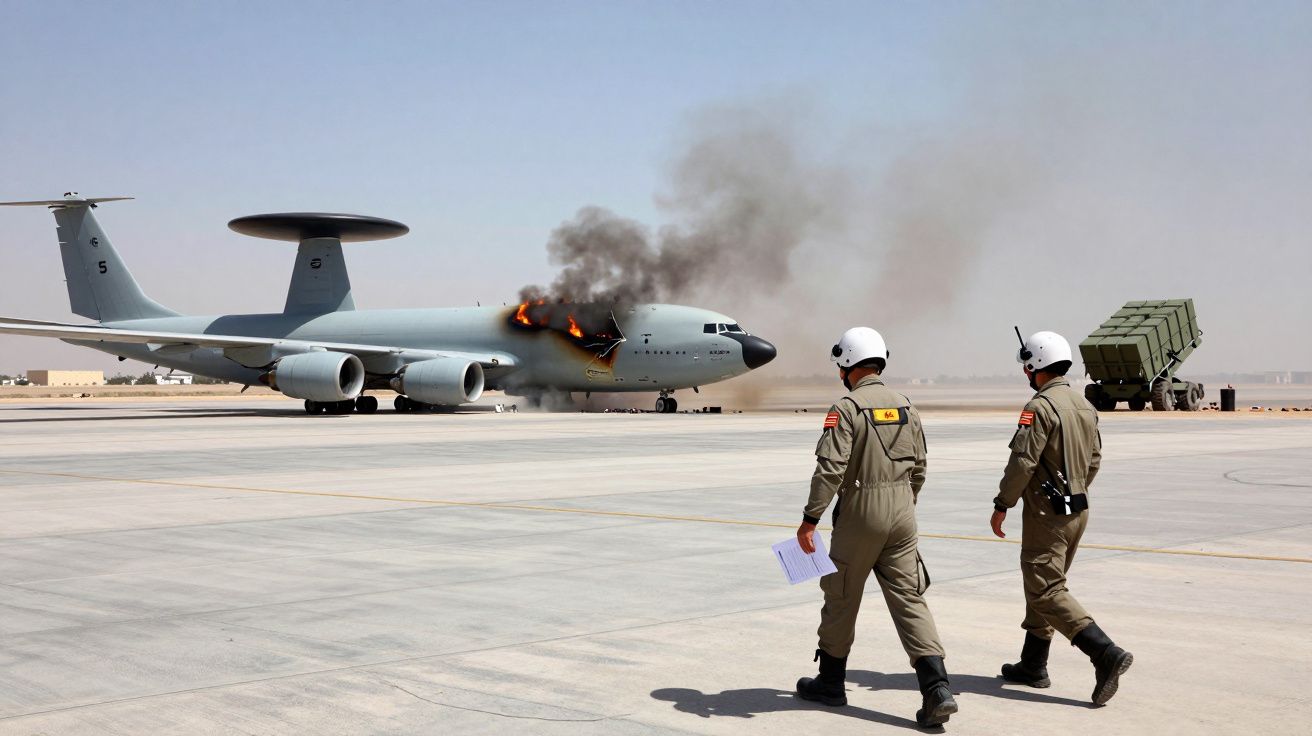 Avião militar no chão em chamas na cabine, com dois soldados de farda e capacete a caminhar na pista.