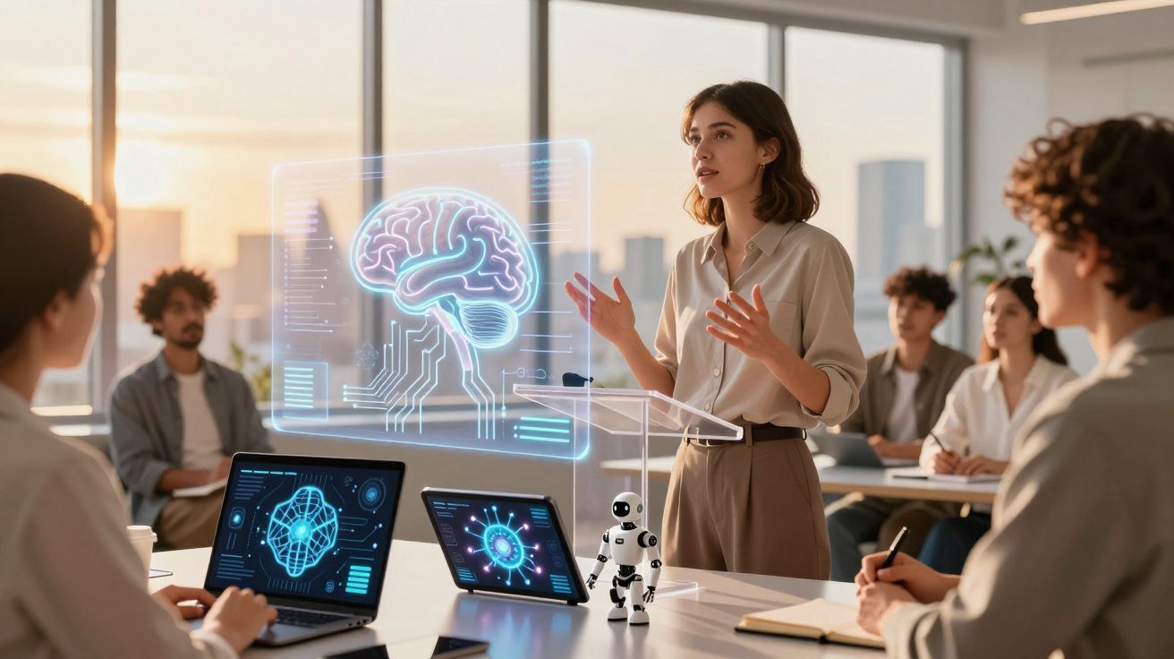 Mulher apresenta tecnologia de inteligência artificial com cérebro holográfico a grupo em reunião profissional.