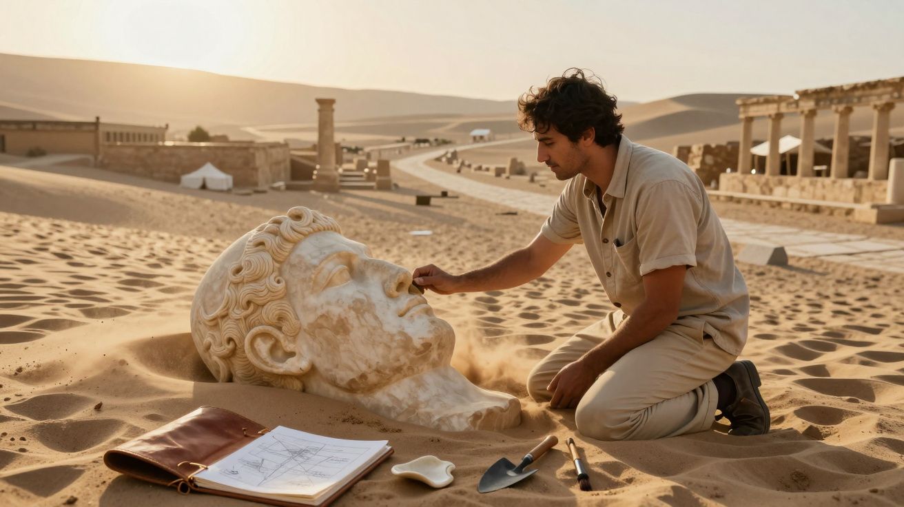 Homem a escavar e limpar uma grande cabeça de estátua de mármore antiga numa escavação arqueológica no deserto.