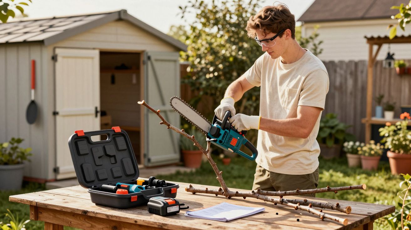 Homem a cortar ramos com motosserra elétrica num jardim, com caixa de ferramentas aberta numa mesa de madeira.