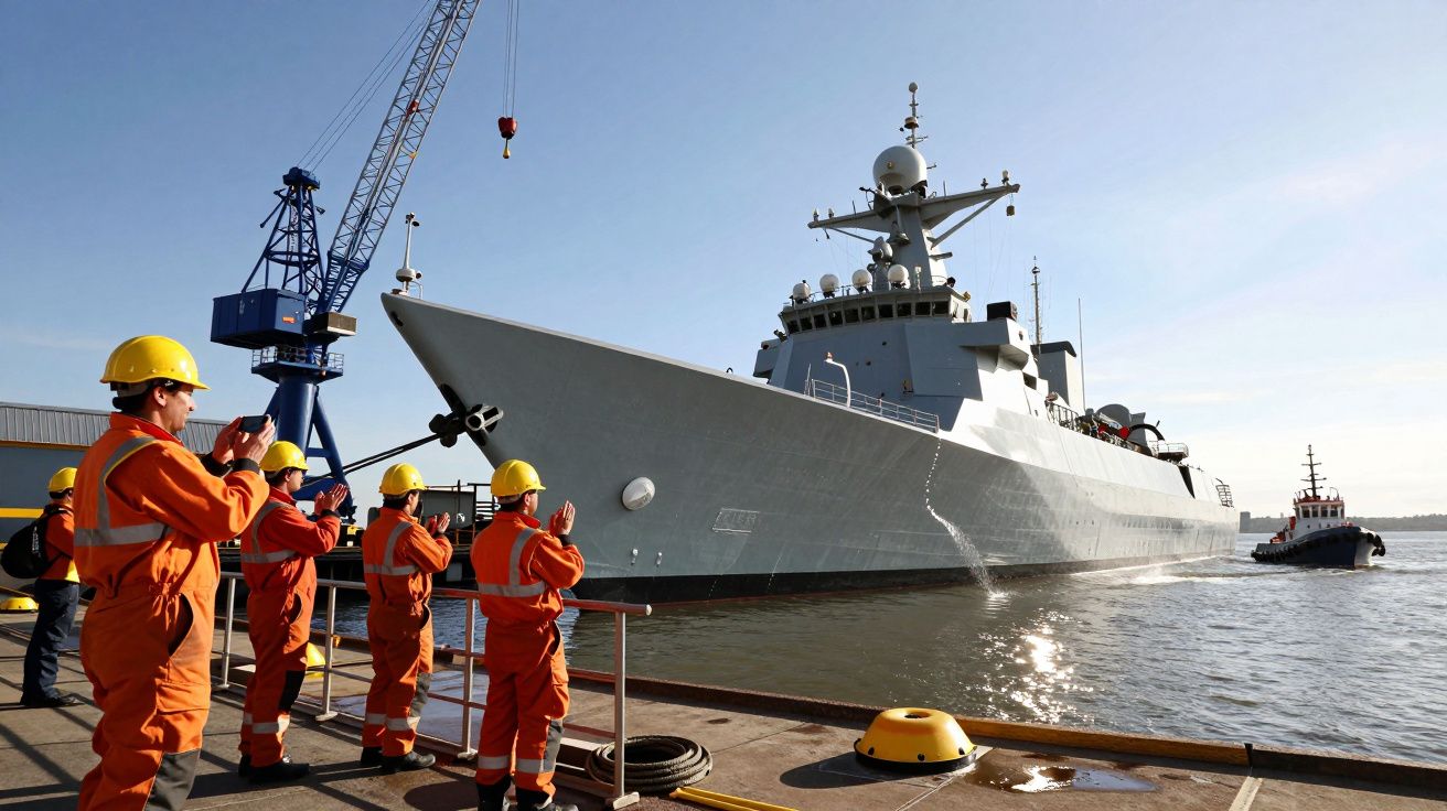 Pessoal em macacão e capacete a observar navio militar cinzento na doca com guindaste ao fundo.