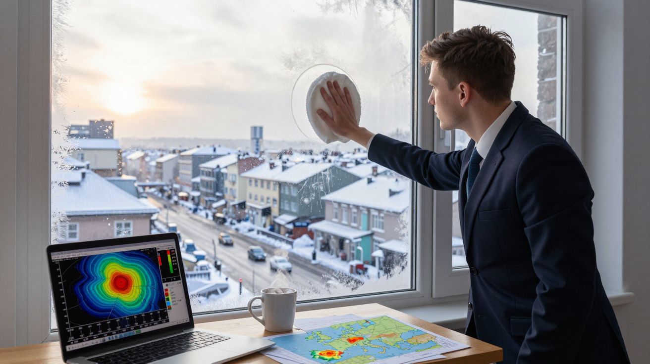 Homem de fato limpa janela com vista para cidade nevada, com computador e mapas meteorológicos na mesa.