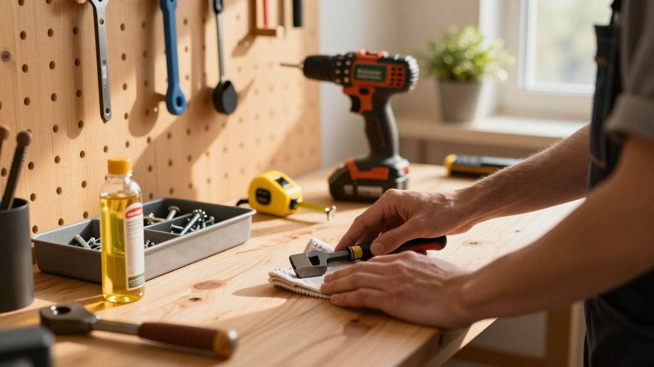 Pessoa a limpar uma ferramenta com um pano numa bancada de madeira numa oficina bem iluminada.