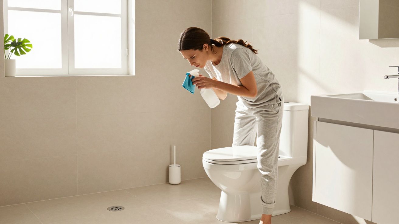 Mulher a limpar o interior da sanita num casa de banho com luz natural.