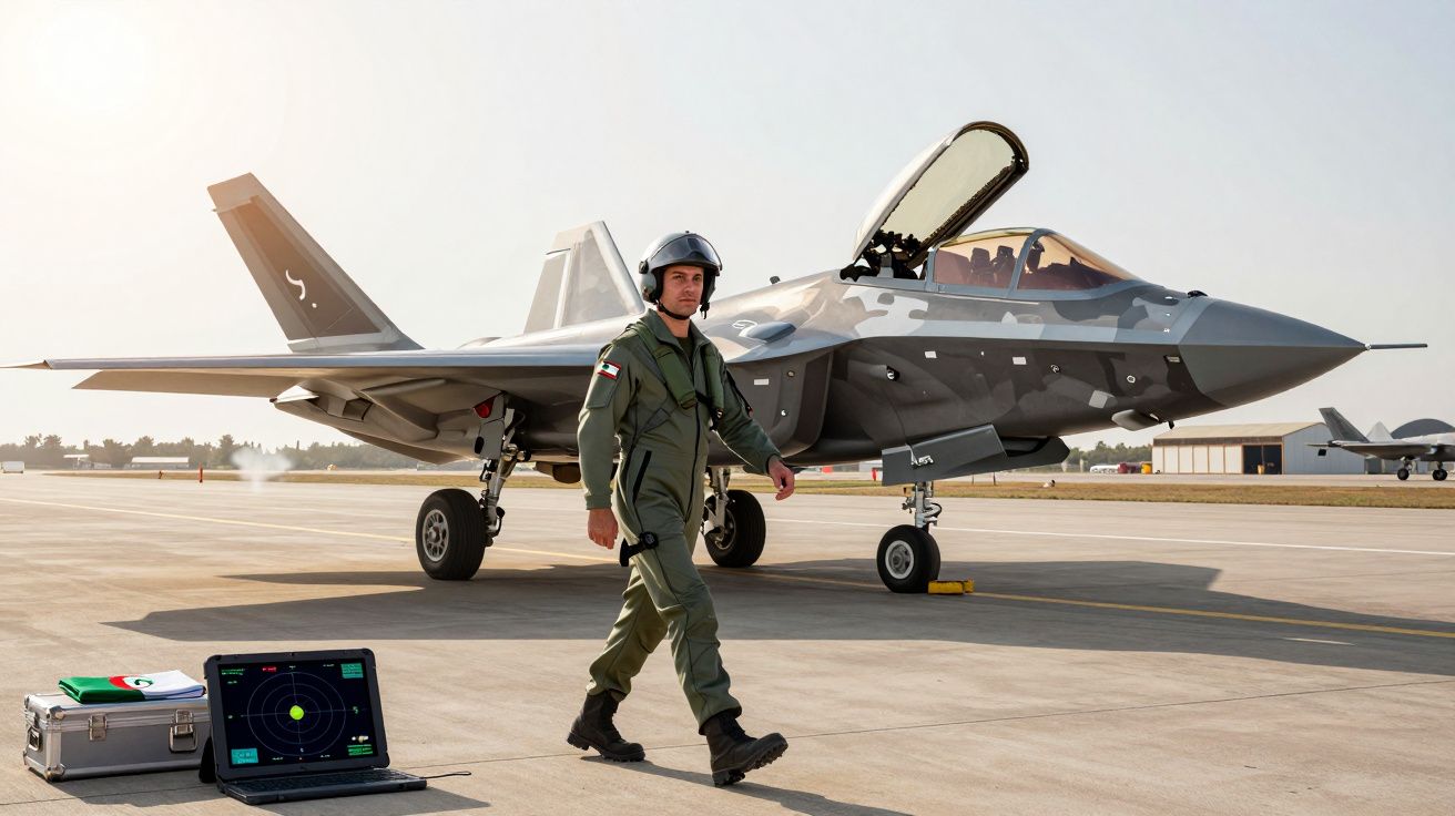 Piloto em fato verde e capacete a andar junto a caça furtivo cinzento estacionado num aeródromo com radar e maleta no chão.